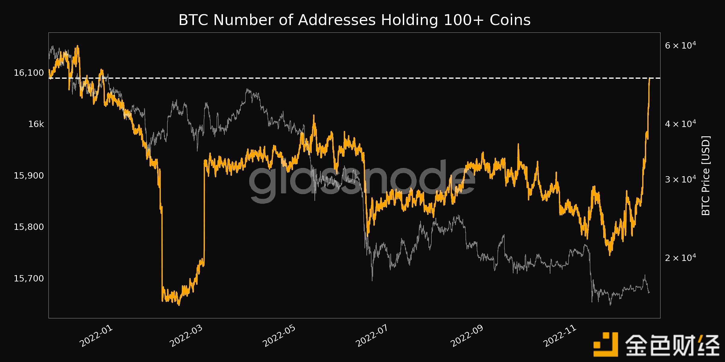 数据：持有超过100枚BTC的地址数量创11个月新高1